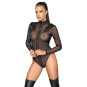 Langarm Body Schwarz Dessous Einteiler mit Spitzen