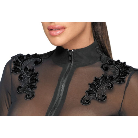 Langarm Body Schwarz mit Stickerei – Transparenter Dessous Einteiler von Noir Handmade